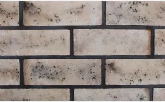 Gray wall with a small hole, up close, featuring of stone pattern.